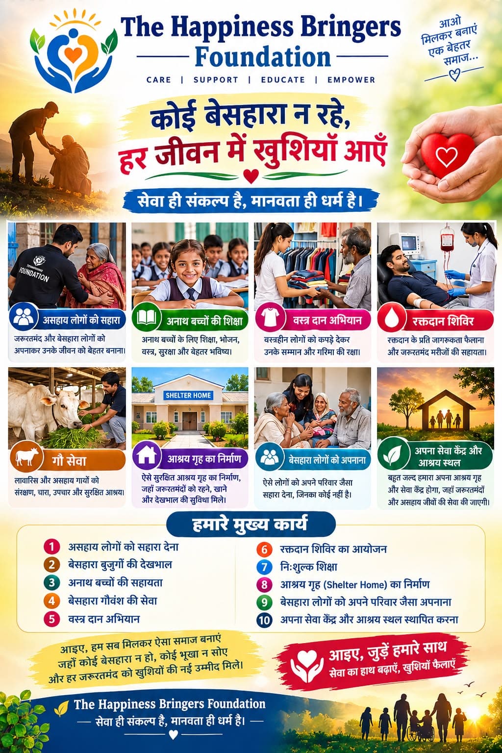 The Happiness Bringers Foundation poster: care, education, clothes donation, blood donation, gau seva and shelter home in Godda